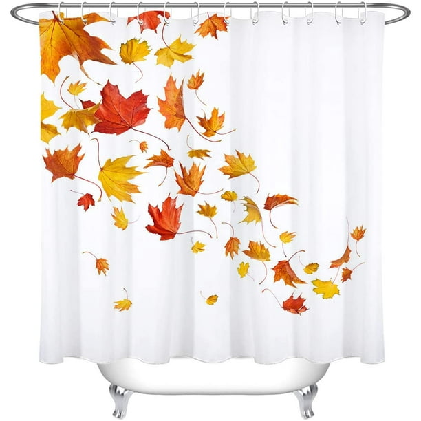 Yellow & Red Maple Leaves White Shower Curtain Hooks Bathroom Mat Waterproof LB Yellow & Red Maple Leaves White Shower Curtain Hooks Bathroom Mat Waterproof LB